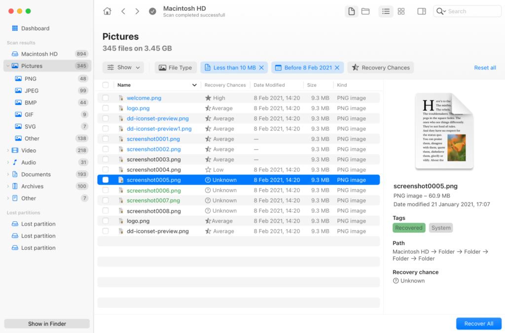 preview found data in Disk Drill